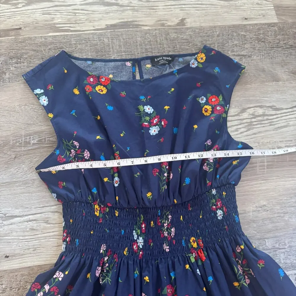 NWT Kate Spade Bouquet Toss Blaire Navy Floral Smocked Cotton Dress Large
